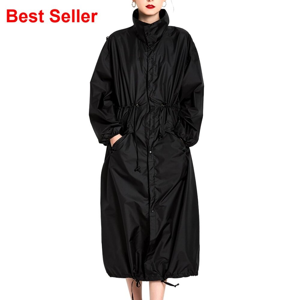Long Waterproof Rain Jacket With Hood, Lightweight Packable Windbreaker
